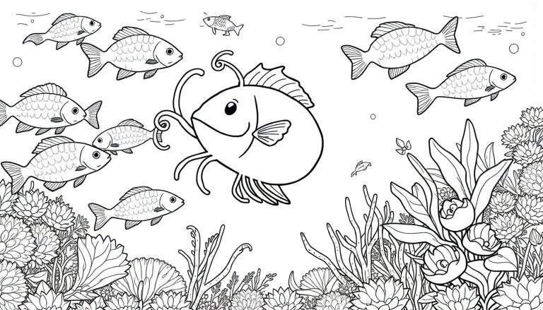 Desenho a preto e branco de um mundo subaquático para colorir, com vários peixes e plantas.