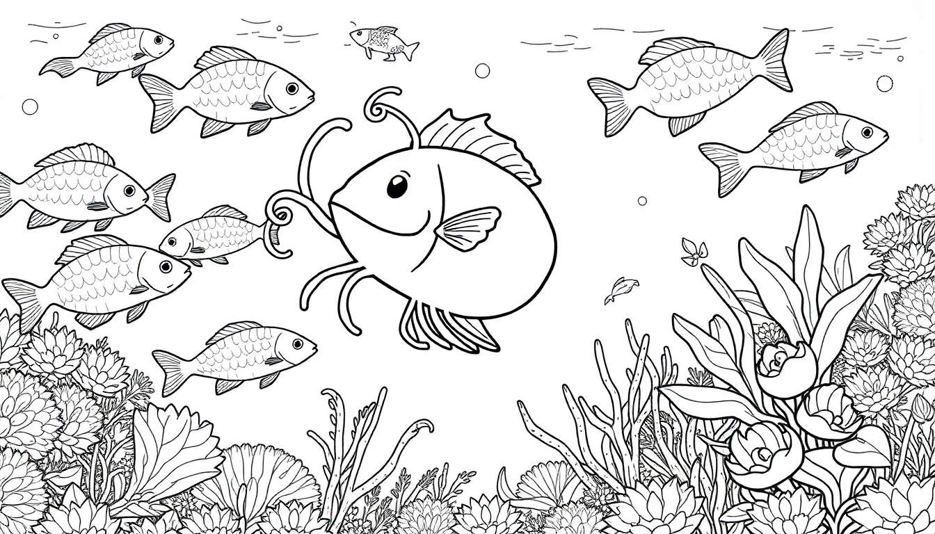 Desenho a preto e branco de um mundo subaquático para colorir, com vários peixes e plantas.