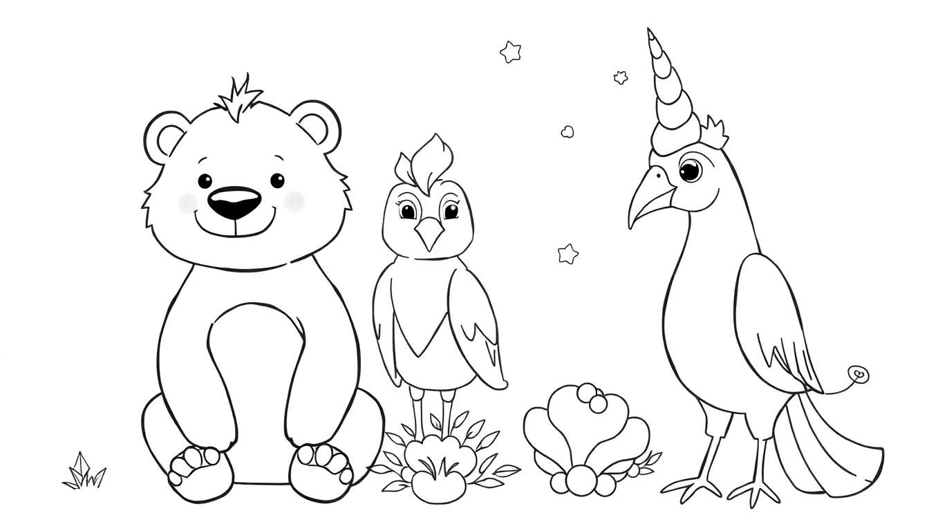 Desenho para colorir de um urso, um pássaro e um pássaro-unicórnio.
