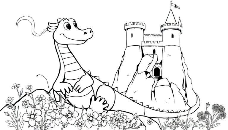Um dragão fofo em estilo desenho animado, sorrindo e com uma asa aberta, sentado numa colina florida, com um castelo ao fundo. O desenho é em preto e branco, estilo livro de colorir.