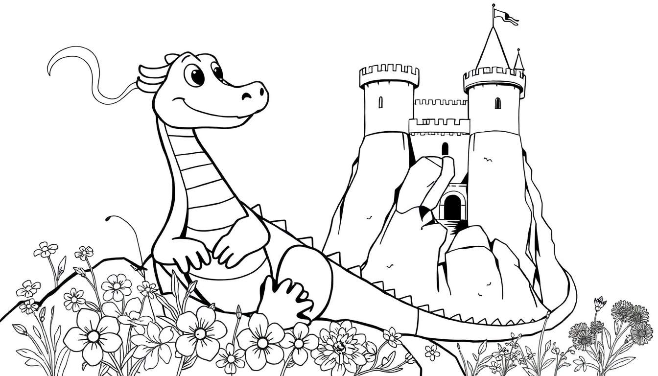 Um dragão fofo em estilo desenho animado, sorrindo e com uma asa aberta, sentado numa colina florida, com um castelo ao fundo. O desenho é em preto e branco, estilo livro de colorir.