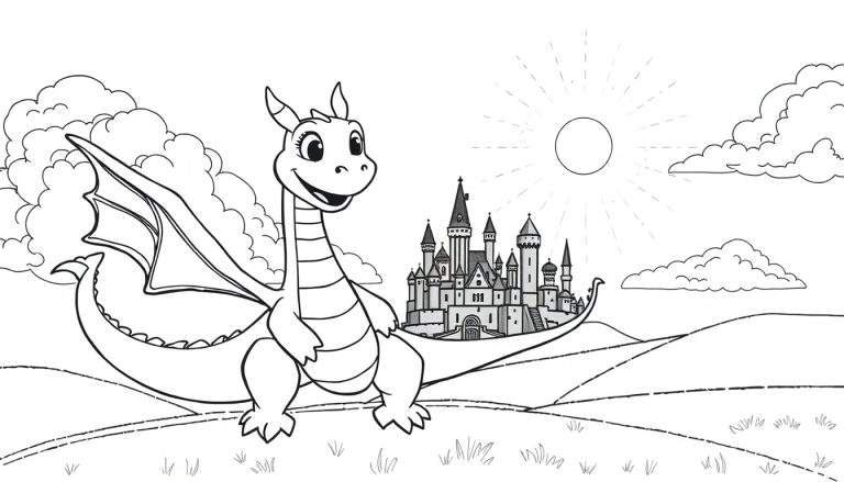 Um dragão de desenho animado sorrindo em frente a um castelo, com um sol e nuvens ao fundo, em um color panel.