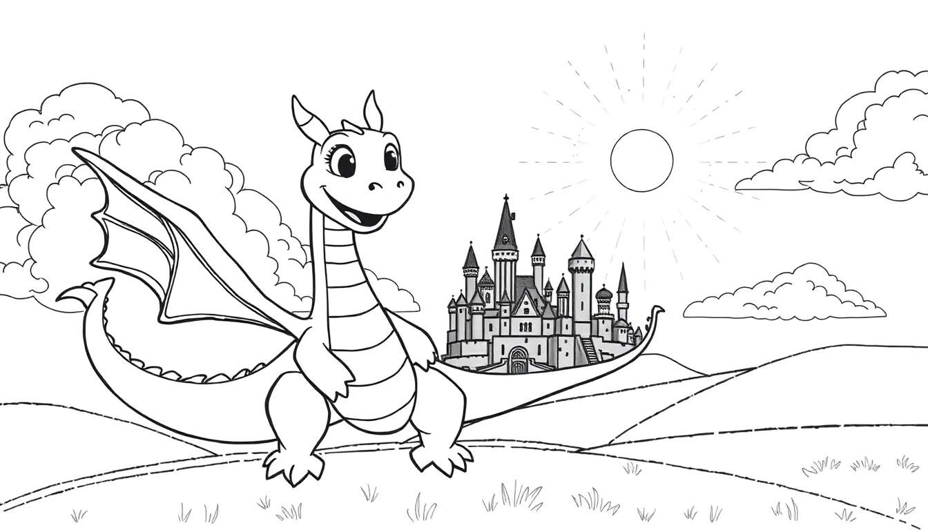 Um dragão de desenho animado sorrindo em frente a um castelo, com um sol e nuvens ao fundo, em um color panel.