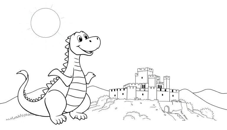 Desenho de um dragão sorridente com corpo listrado, sentado com as patas para cima, em frente a um castelo medieval no topo de uma colina com montanhas atrás e um sol com raios finos no canto superior esquerdo. Desenho simples para colorir, ideal para um color panel.