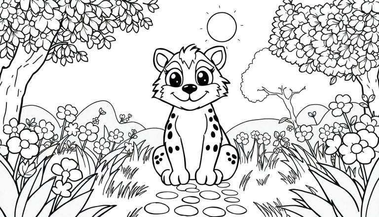 Filhote de leopardo sorridente em um campo florido, pronto para ser colorido em um color panel.