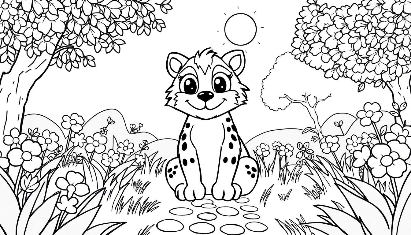 Filhote de leopardo sorridente em um campo florido, pronto para ser colorido em um color panel.