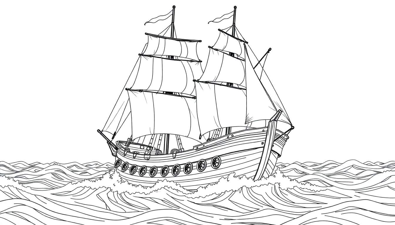 Um veleiro com duas mastreações em um mar agitado, com as velas enfunadas, em preto e branco.