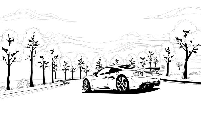 Desenho a preto e branco de um carro desportivo numa estrada sinuosa, com árvores e um céu suave. Color panel.