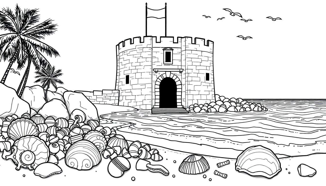 Um desenho em preto e branco de uma praia com uma torre antiga, conchas, rochas, palmeiras, o mar e pássaros voando. Ideal para um color panel.