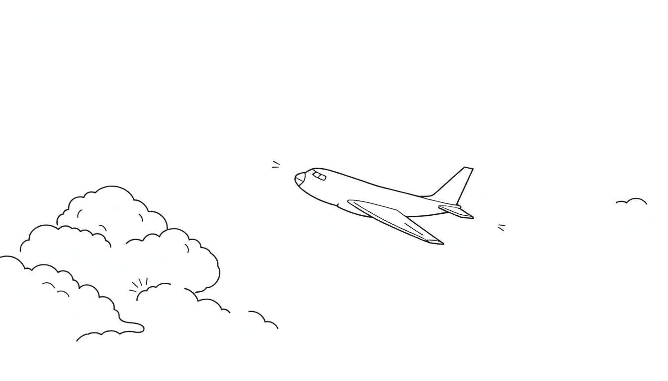 Um avião a voar entre nuvens com um raio de sol. O avião está inclinado para cima, com um aglomerado de nuvens à esquerda e uma pequena nuvem à direita. O resto do espaço é branco.