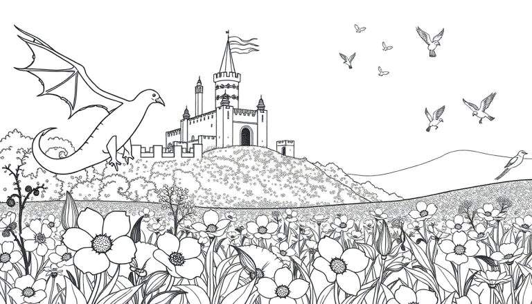 Desenho em preto e branco de um dragão amigável voando em direção a um castelo encantado em uma colina, com um campo de flores vibrantes em primeiro plano e pássaros no céu.
