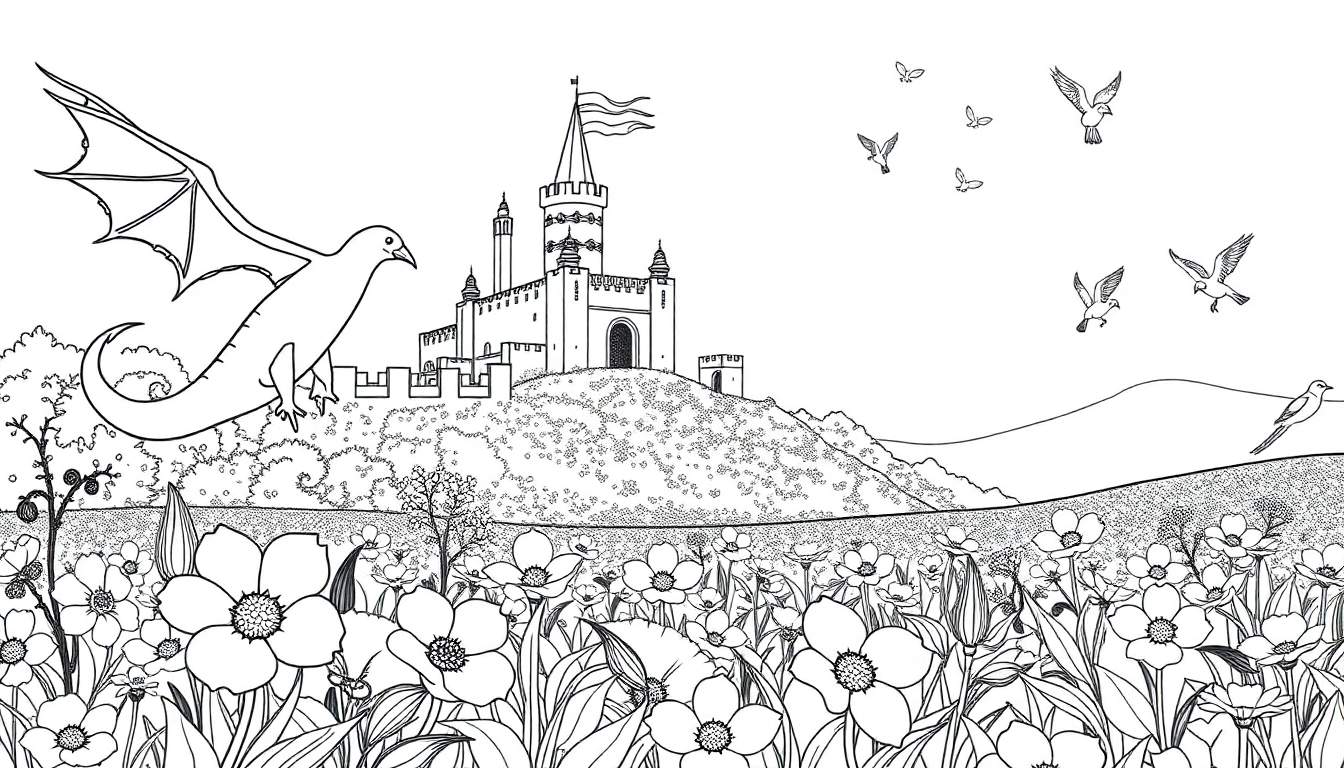 Desenho em preto e branco de um dragão amigável voando em direção a um castelo encantado em uma colina, com um campo de flores vibrantes em primeiro plano e pássaros no céu.