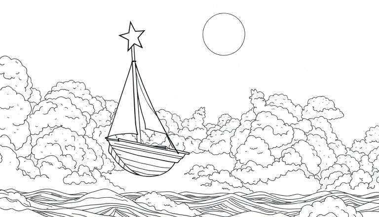 Um veleiro flutuando pacificamente em um céu de nuvens, com uma estrela no mastro.