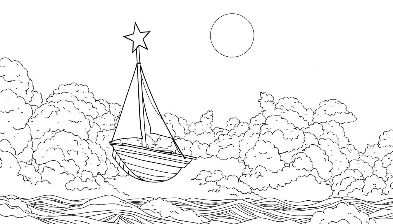 Um veleiro flutuando pacificamente em um céu de nuvens, com uma estrela no mastro.