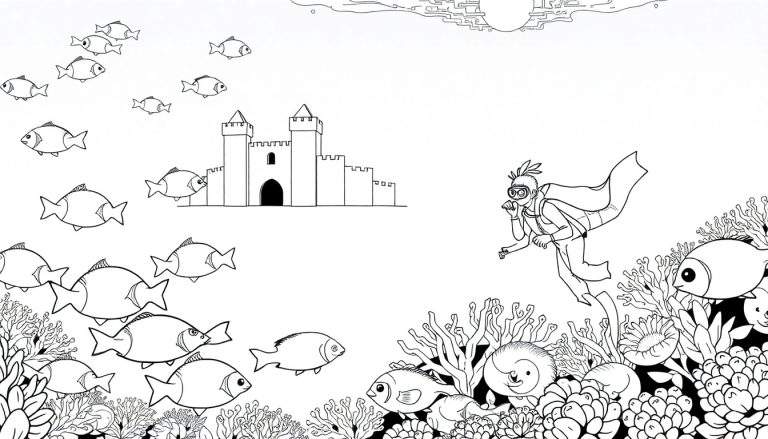 Desenho em preto e branco de um cenário submarino com peixes, um castelo e um mergulhador, com um aspecto de livro de colorir. Inclui um color panel.