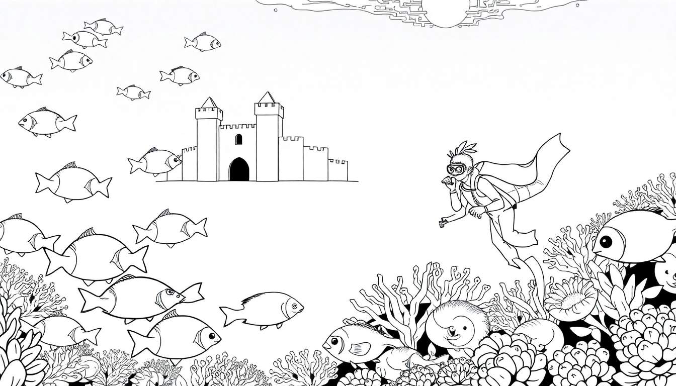 Desenho em preto e branco de um cenário submarino com peixes, um castelo e um mergulhador, com um aspecto de livro de colorir. Inclui um color panel.
