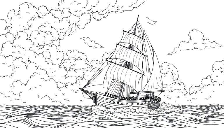 Um veleiro grande com várias velas navegando em um mar agitado com ondas grandes sob um céu nublado. Desenho em preto e branco para colorir, um verdadeiro convite para o seu próximo color panel.