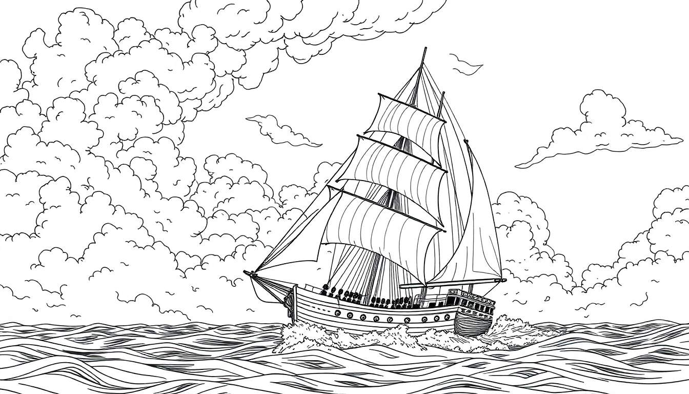 Um veleiro grande com várias velas navegando em um mar agitado com ondas grandes sob um céu nublado. Desenho em preto e branco para colorir, um verdadeiro convite para o seu próximo color panel.