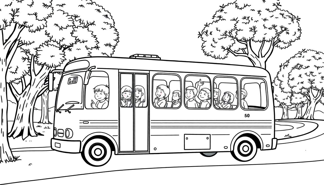 Ônibus escolar preto e branco com crianças acenando.