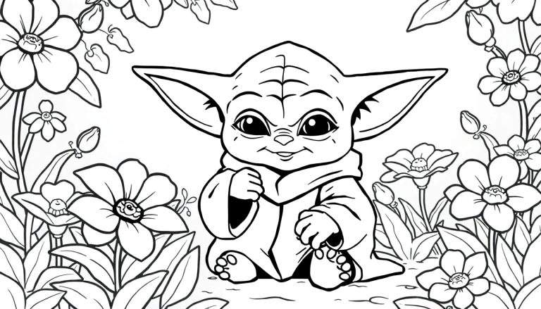 Ilustração em preto e branco de Baby Yoda em um jardim de flores, para colorir.