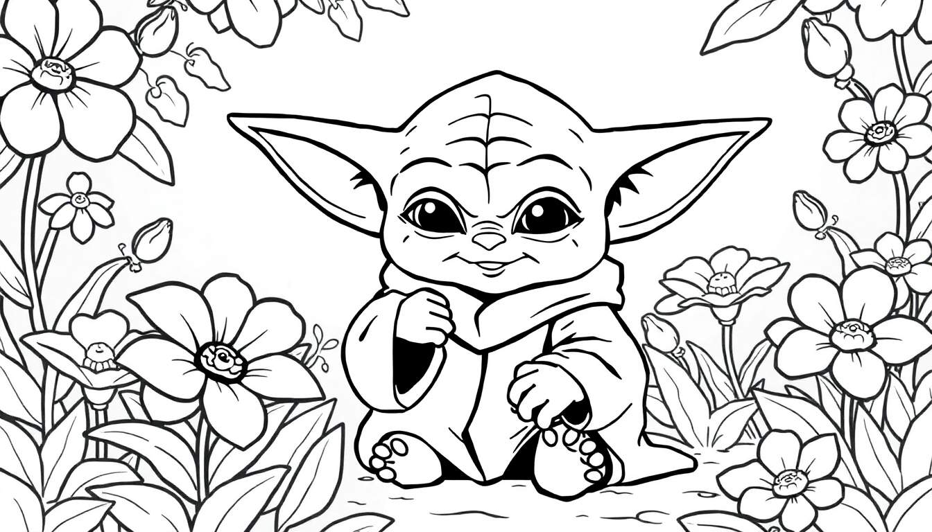 Ilustração em preto e branco de Baby Yoda em um jardim de flores, para colorir.