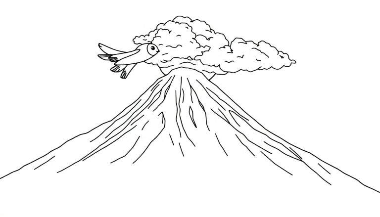 Desenho em preto e branco de um vulcão com uma nuvem no topo e um pássaro voando.