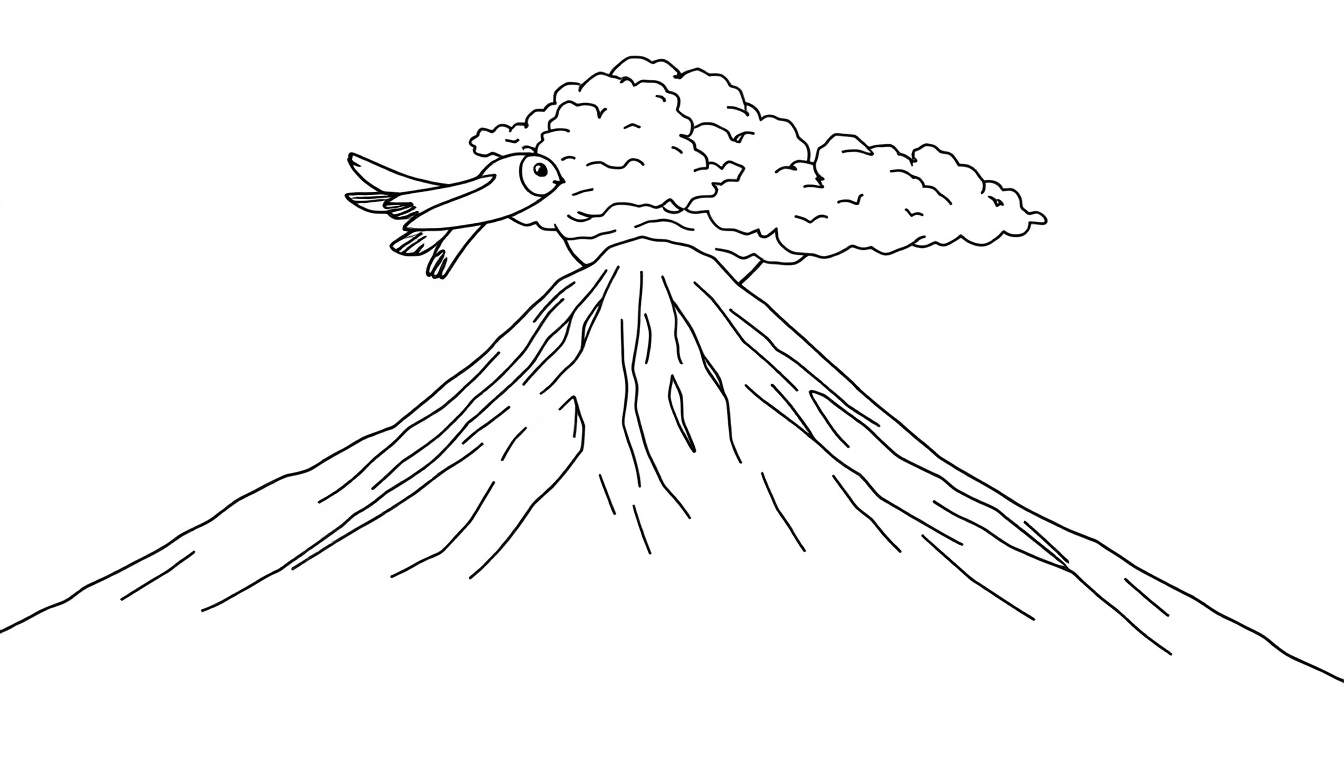 Desenho em preto e branco de um vulcão com uma nuvem no topo e um pássaro voando.