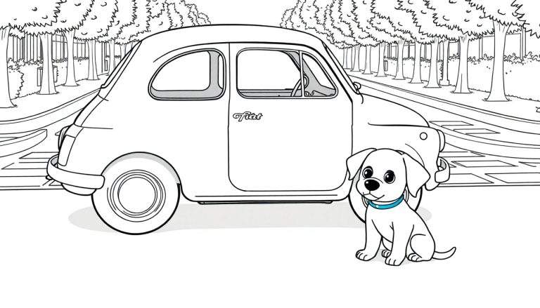 Um Fiat 500 clássico, um desenho de página para colorir, estacionado numa rua arborizada com um cachorrinho de desenho animado em frente. Color panel.