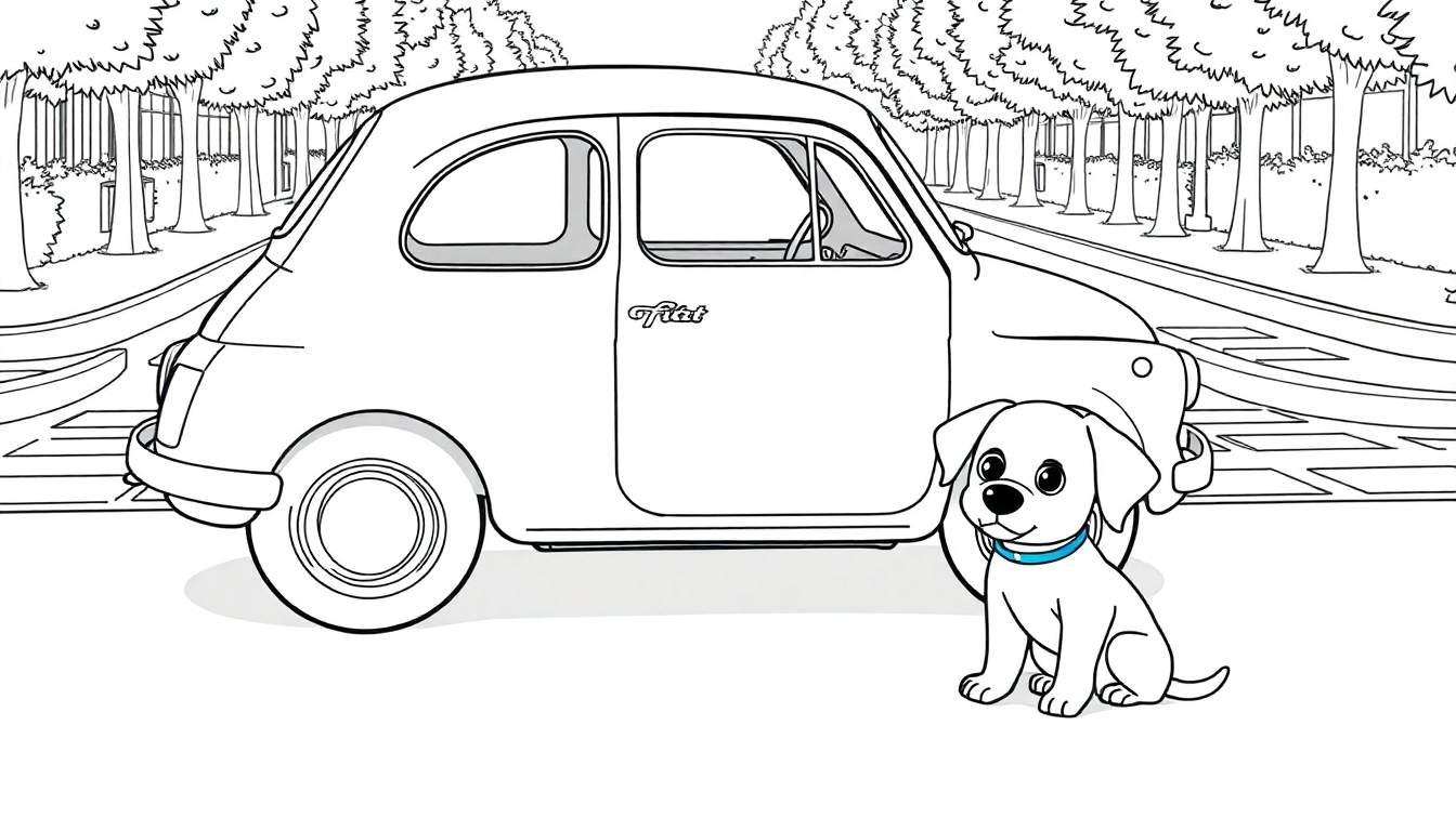 Um Fiat 500 clássico, um desenho de página para colorir, estacionado numa rua arborizada com um cachorrinho de desenho animado em frente. Color panel.