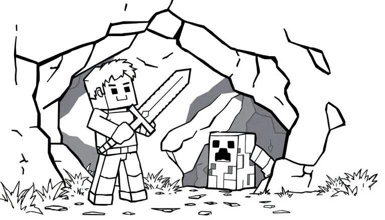 Pintura para colorir: Steve de Minecraft com espada de diamante perto de uma caverna com um Creeper espreitando.