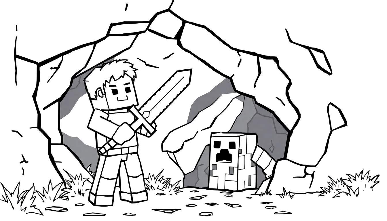 Pintura para colorir: Steve de Minecraft com espada de diamante perto de uma caverna com um Creeper espreitando.
