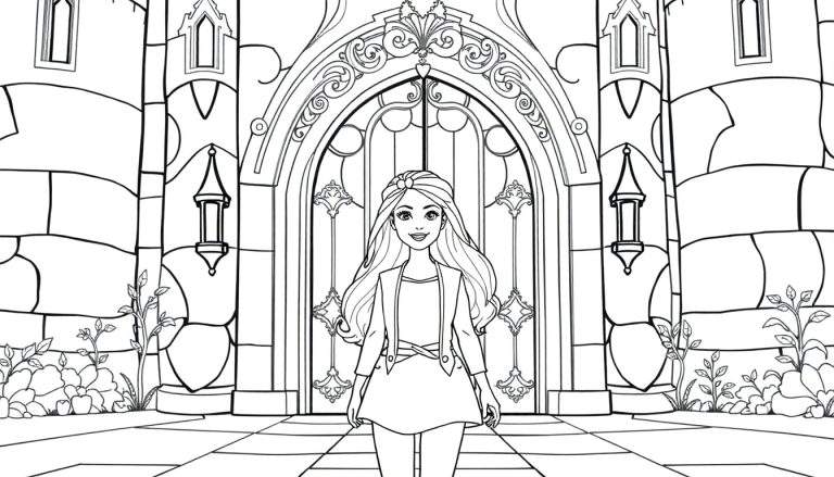 Desenho em preto e branco de uma jovem princesa sorrindo em frente a um castelo com porta em arco e lanternas.