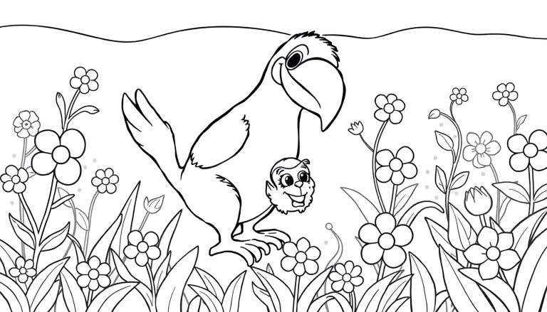 Desenho em preto e branco de um tucano segurando um elfo por uma corda, rodeado por flores.