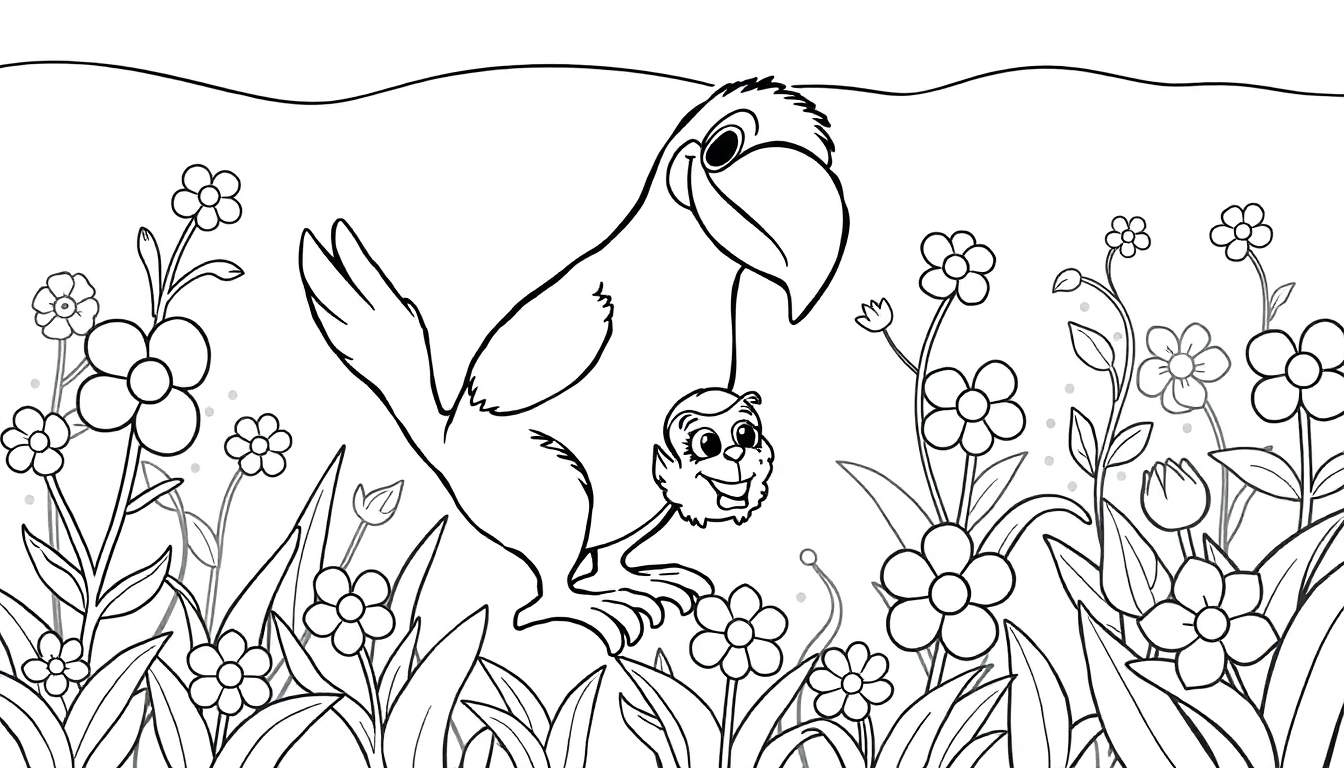 Desenho em preto e branco de um tucano segurando um elfo por uma corda, rodeado por flores.