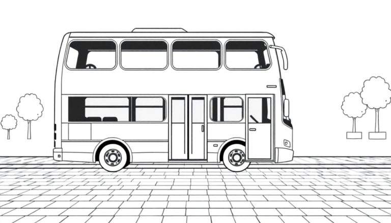 Um autocarro escolar amarelo com janelas grandes espera por crianças para uma aventura colorida, num desenho linear com um color panel de fundo.