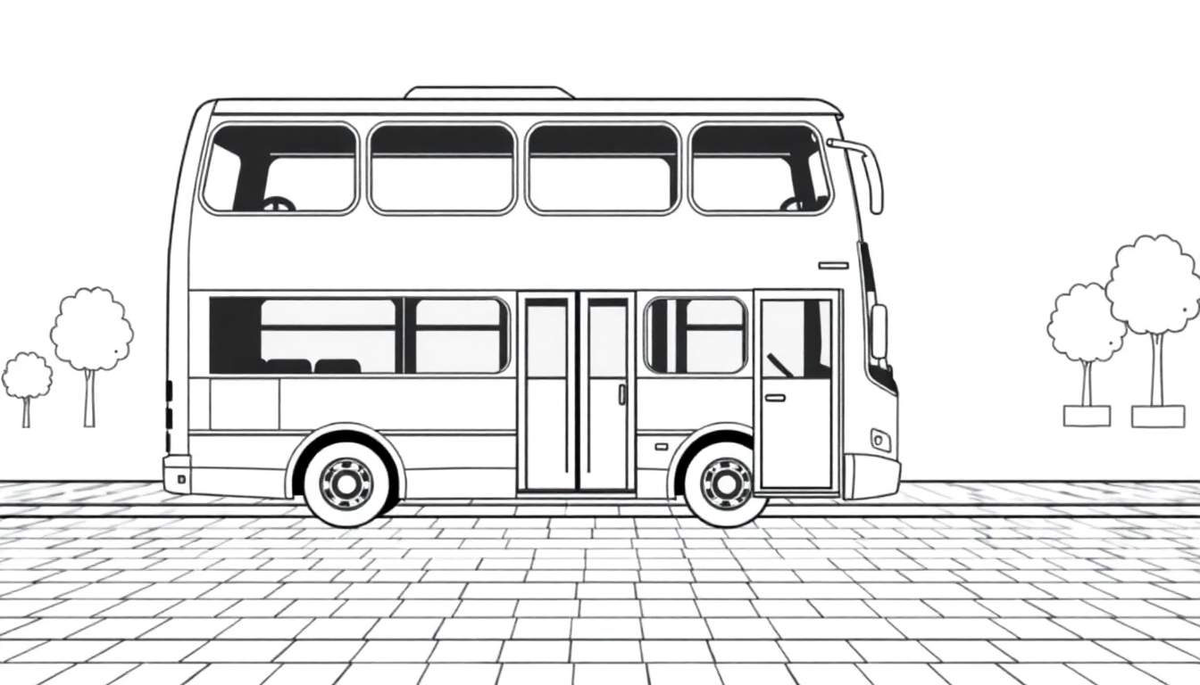 Um autocarro escolar amarelo com janelas grandes espera por crianças para uma aventura colorida, num desenho linear com um color panel de fundo.