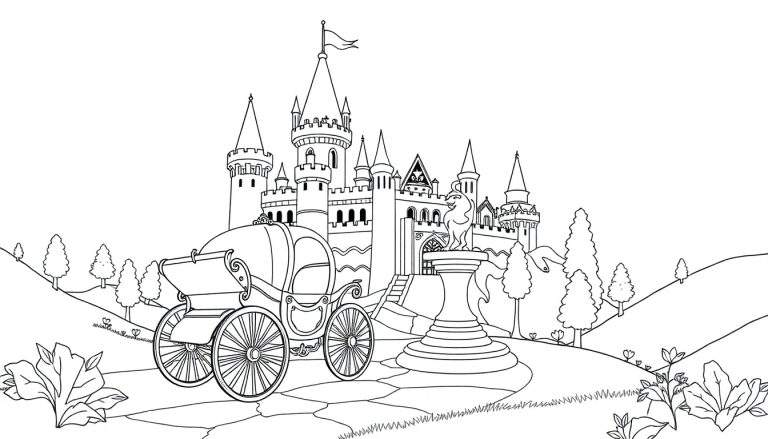 Desenho em preto e branco de um castelo com carruagem, estátua, colinas, árvores e flores, com estilo de livro de colorir.