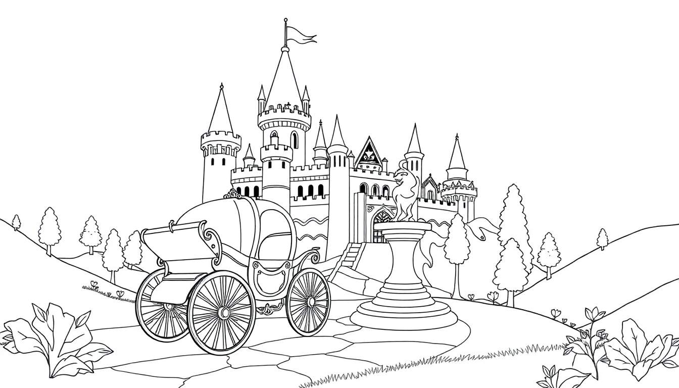 Desenho em preto e branco de um castelo com carruagem, estátua, colinas, árvores e flores, com estilo de livro de colorir.
