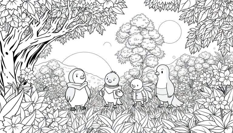 Illustration de quatre oiseaux anthropomorphes dans un paysage coloré, l'un tenant un livre, un autre portant un manteau, sous un grand arbre.