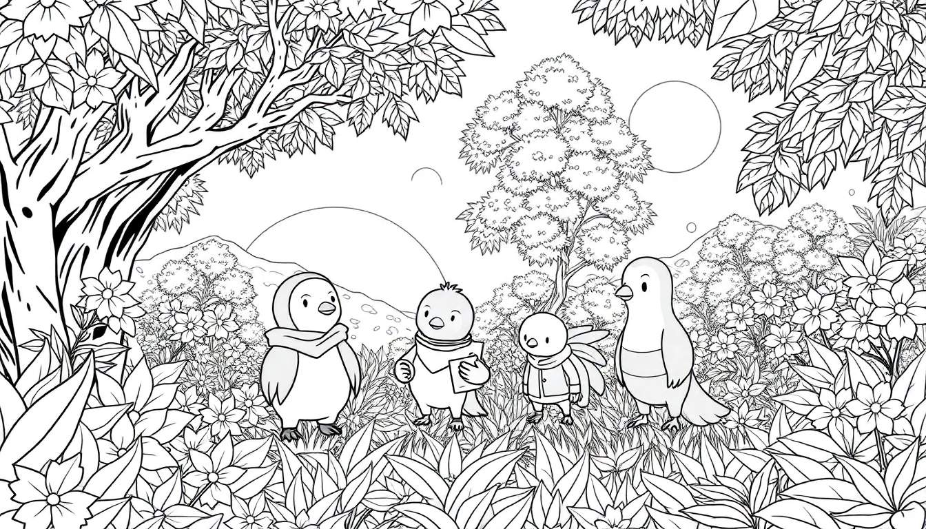 Illustration de quatre oiseaux anthropomorphes dans un paysage coloré, l'un tenant un livre, un autre portant un manteau, sous un grand arbre.