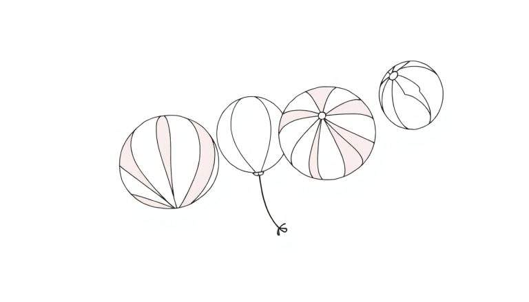 Quatro balões de ar quente minimalistas em linhas pretas finas com toques de rosa pálido sobre um fundo branco. O primeiro balão tem listras rosa e brancas alternadas, o segundo é todo branco com um laço, o terceiro tem listras rosa e brancas em um padrão diferente, e o quarto é menor com um design curvo.