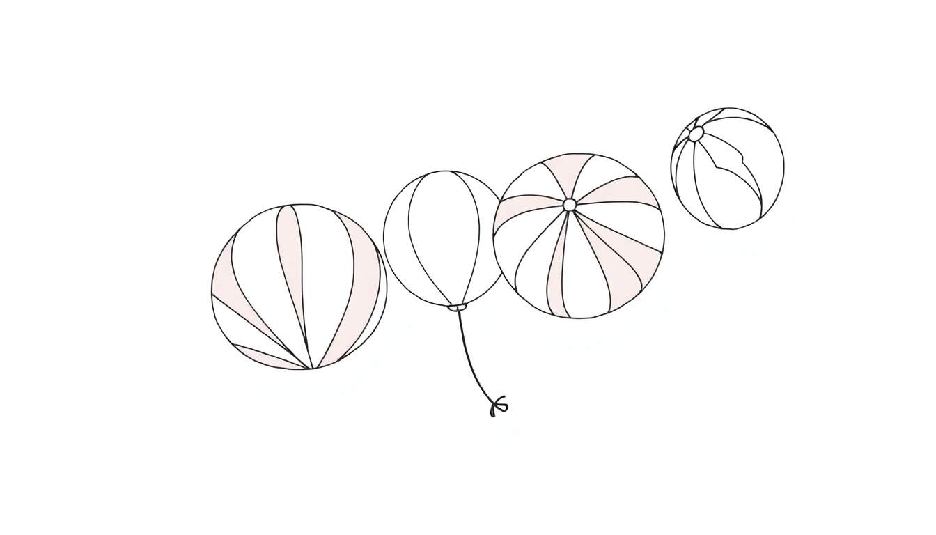 Quatro balões de ar quente minimalistas em linhas pretas finas com toques de rosa pálido sobre um fundo branco. O primeiro balão tem listras rosa e brancas alternadas, o segundo é todo branco com um laço, o terceiro tem listras rosa e brancas em um padrão diferente, e o quarto é menor com um design curvo.