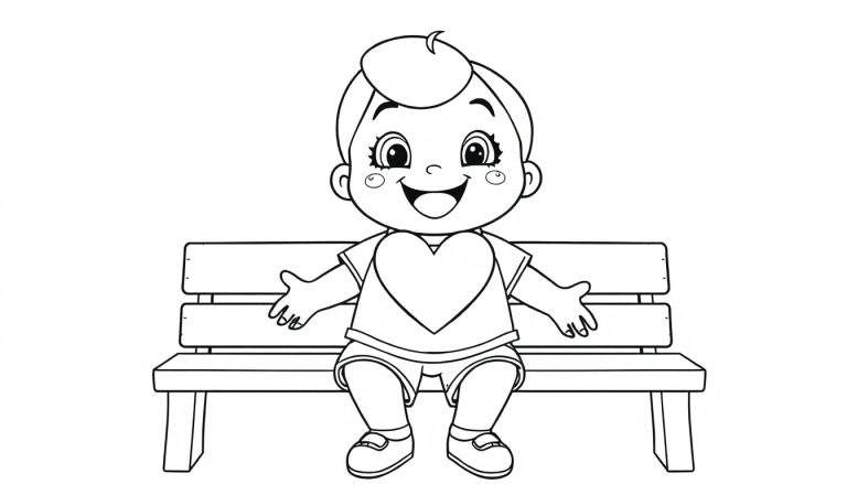Ilustração em preto e branco de um bebê sorridente sentado em um banco.