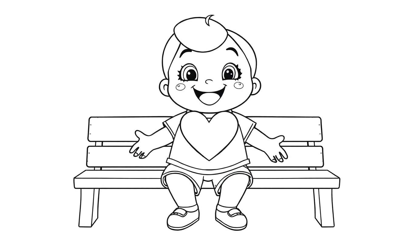 Ilustração em preto e branco de um bebê sorridente sentado em um banco.