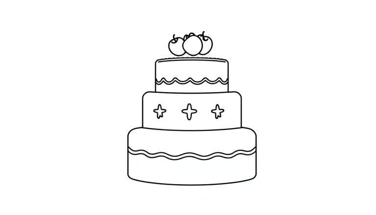 Desenho de um bolo de três andares com cerejas no topo e estrelas decorando o andar do meio.