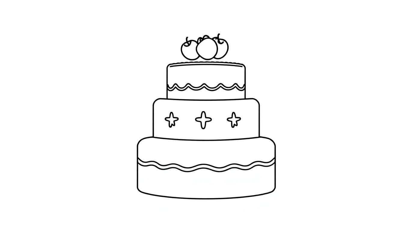 Desenho de um bolo de três andares com cerejas no topo e estrelas decorando o andar do meio.