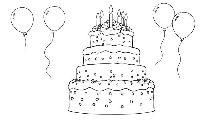 Uma pintura para colorir de um bolo de aniversário com três andares e balões coloridos.