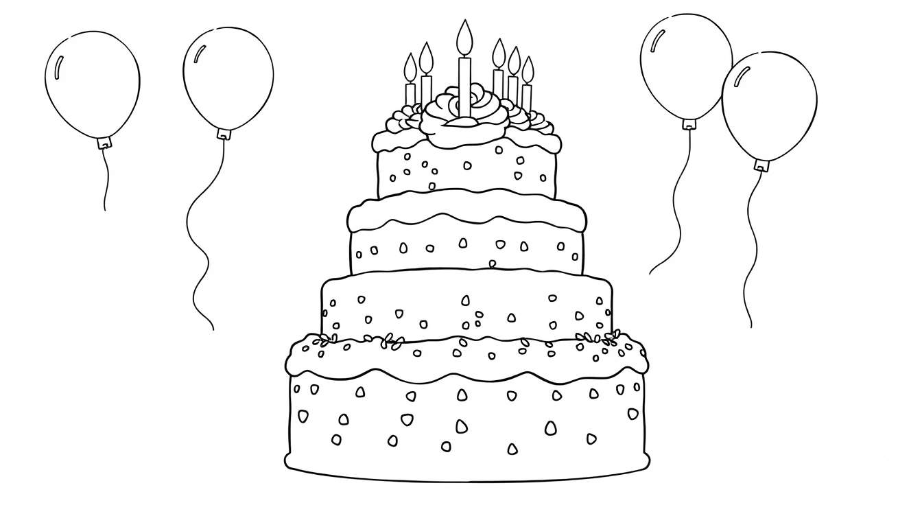 Uma pintura para colorir de um bolo de aniversário com três andares e balões coloridos.