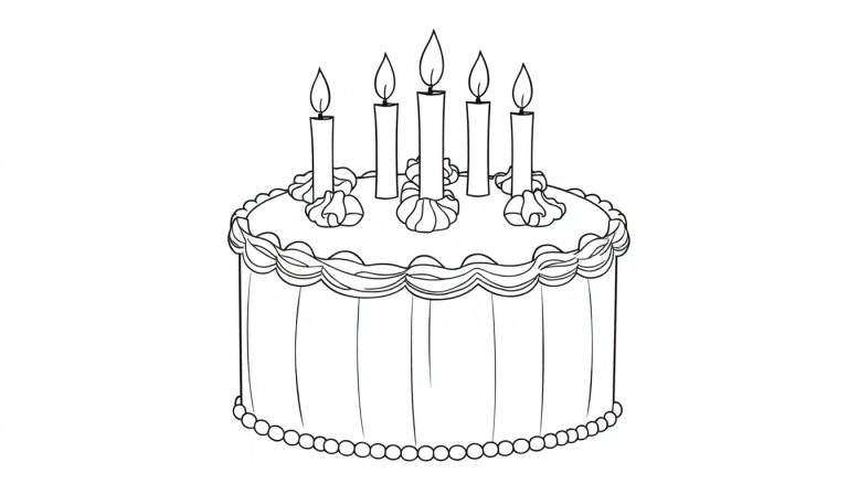 Bolo de aniversário redondo com glacê branco, cinco velas acesas e decoração de esferas de glacê na base. O color panel permite colorir este bolo festivo!