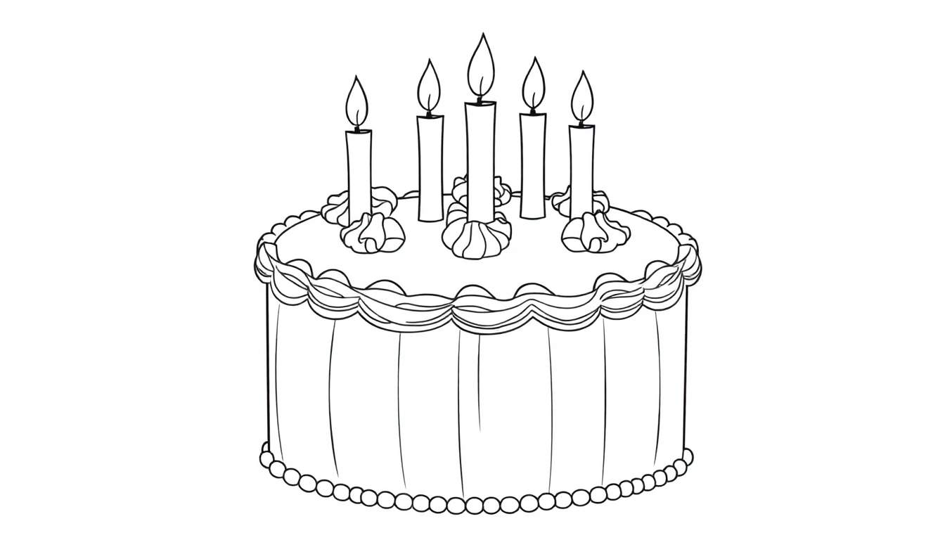 Bolo de aniversário redondo com glacê branco, cinco velas acesas e decoração de esferas de glacê na base. O color panel permite colorir este bolo festivo!